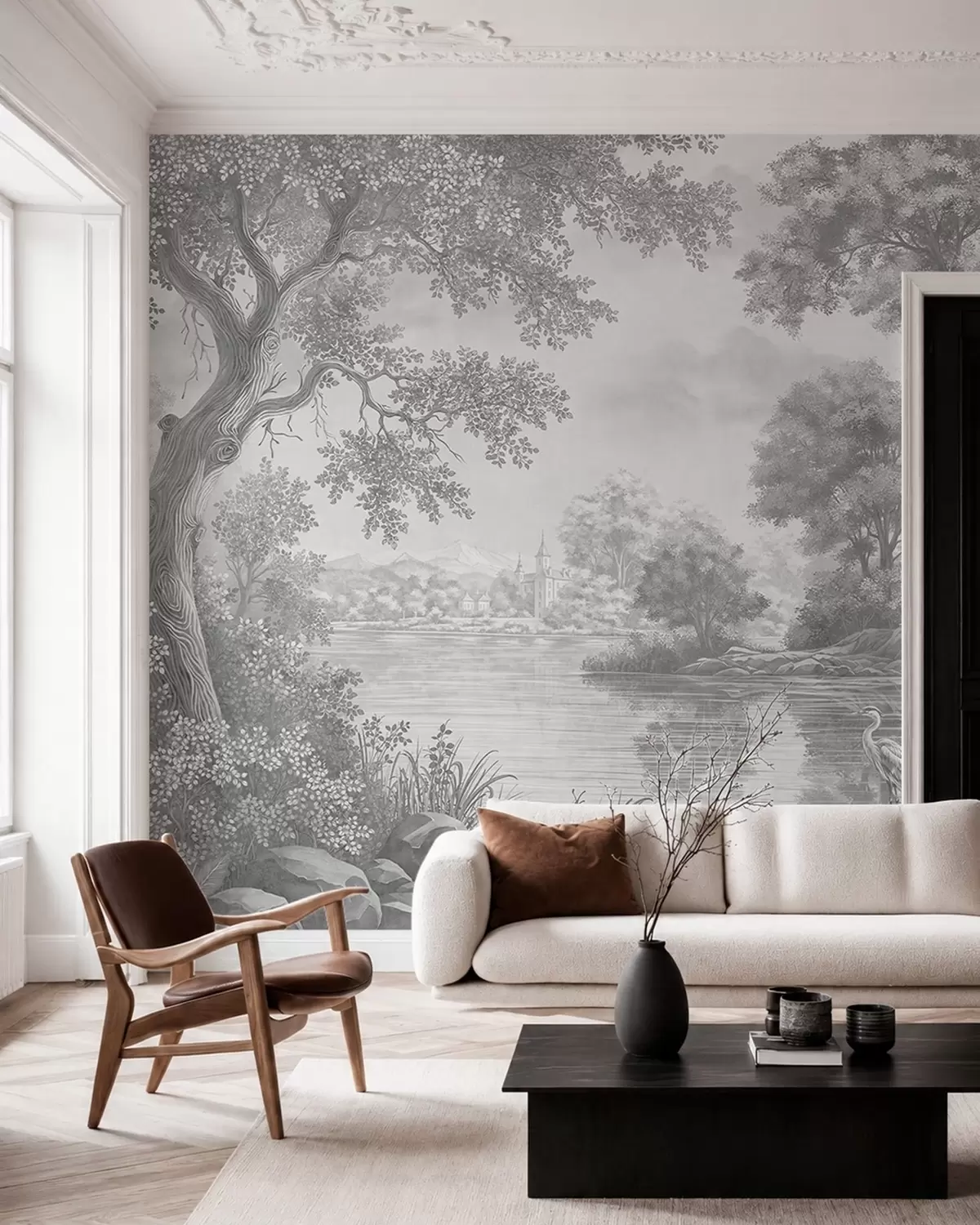 wall murals Gray forest scenery with a heron by the lake w05805v1