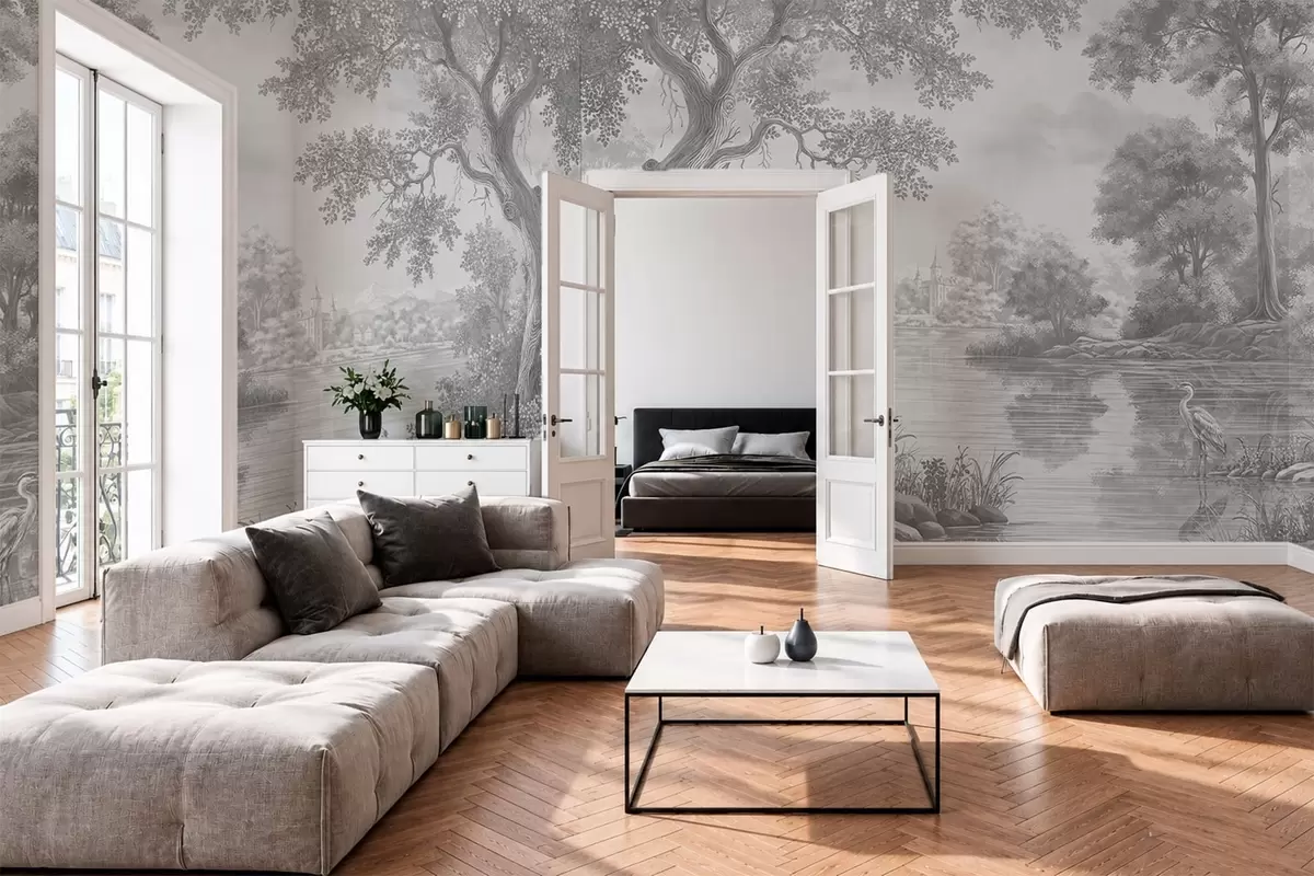 wall murals Gray forest scenery with a heron by the lake w05805v1