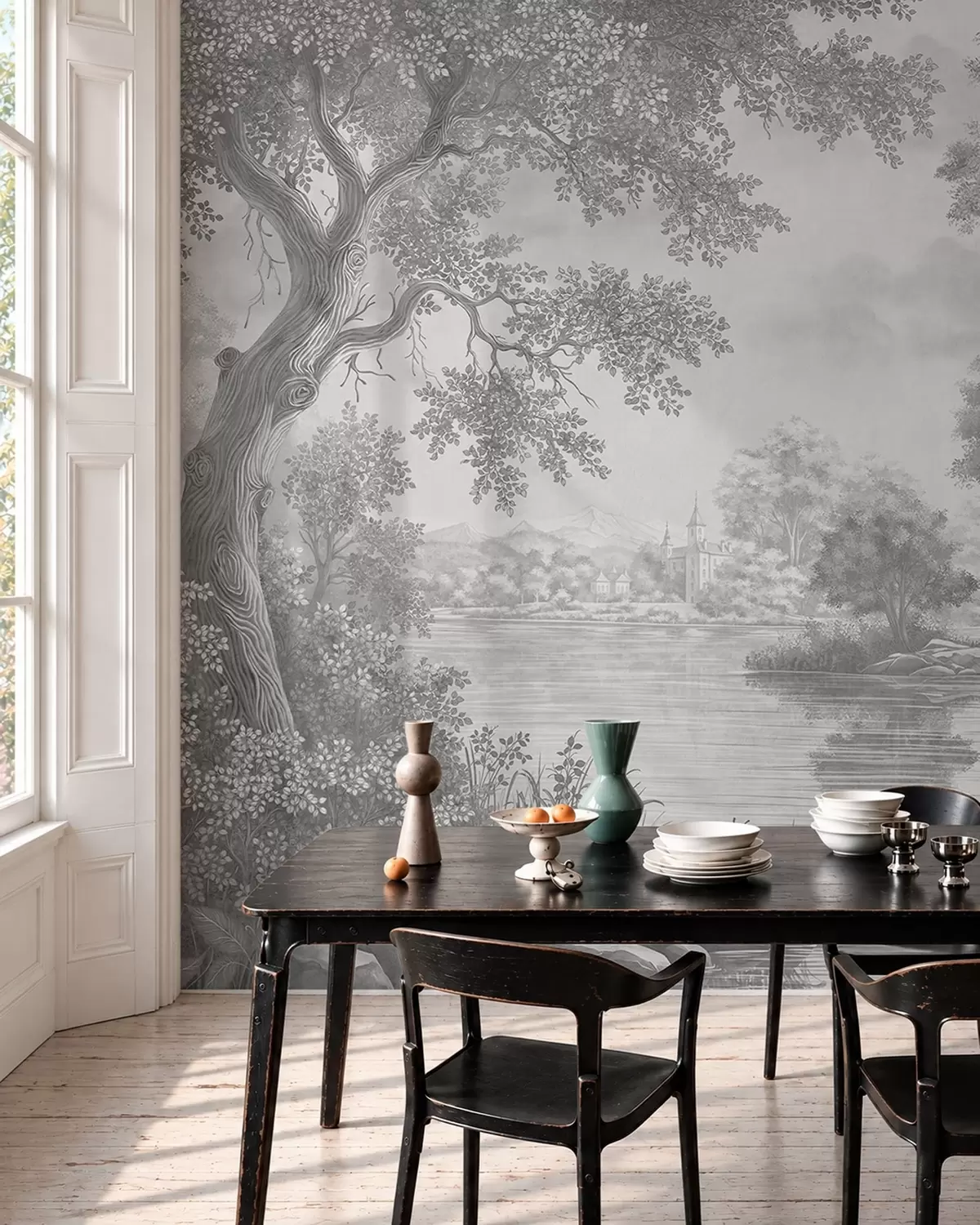 wall murals Gray forest scenery with a heron by the lake w05805v1