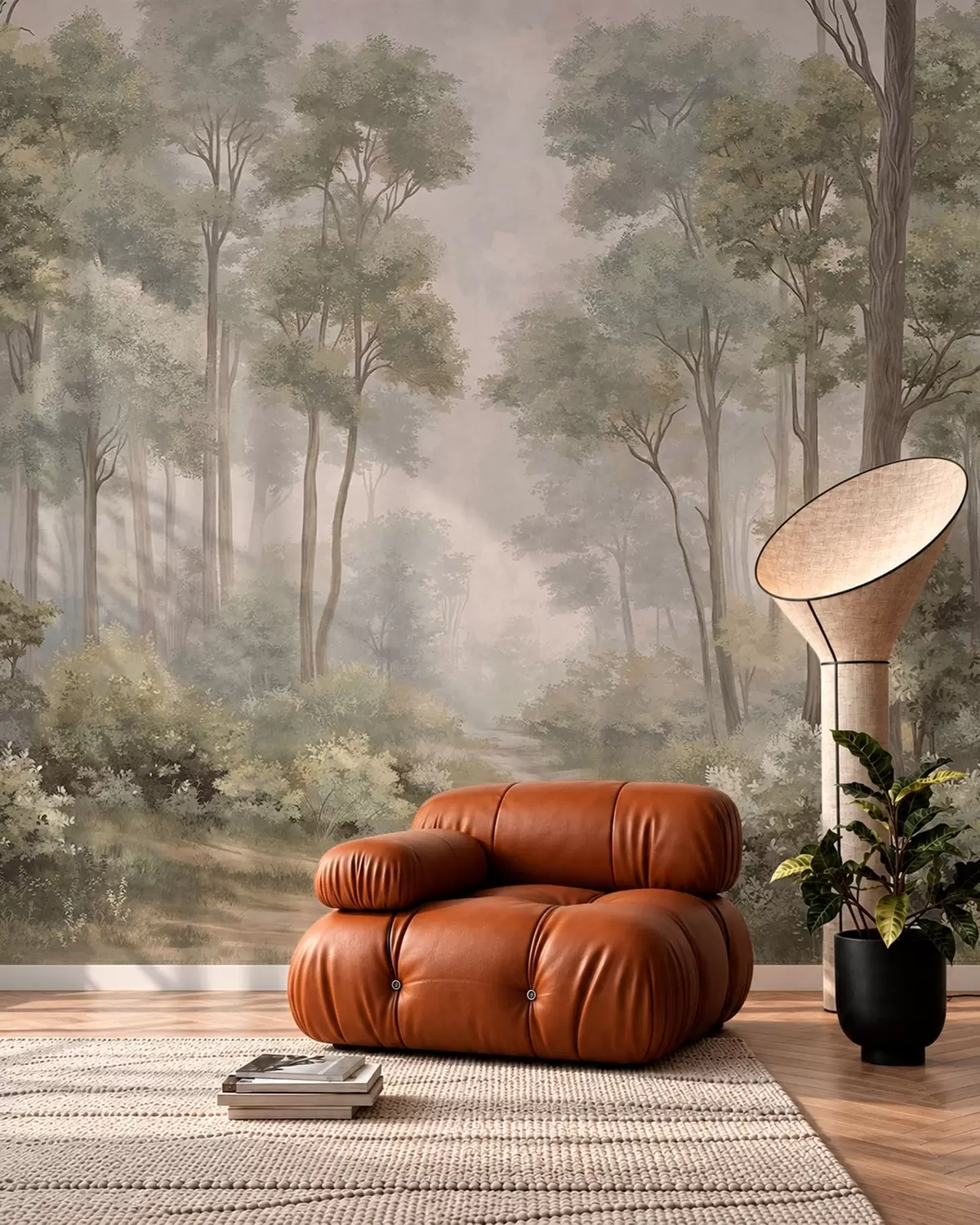 wall murals Misty forest with a path among trees and bushes w05889v2