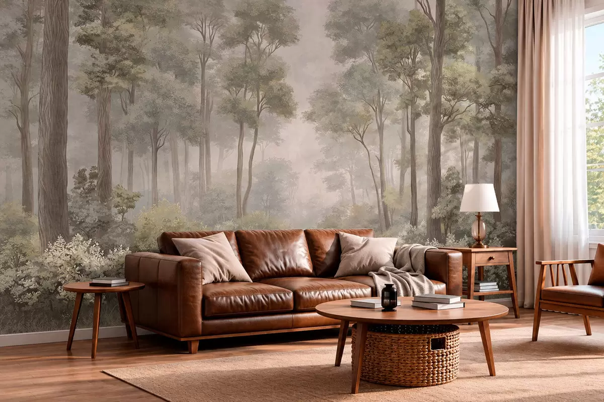 wall murals Misty forest with a path among trees and bushes w05889v2