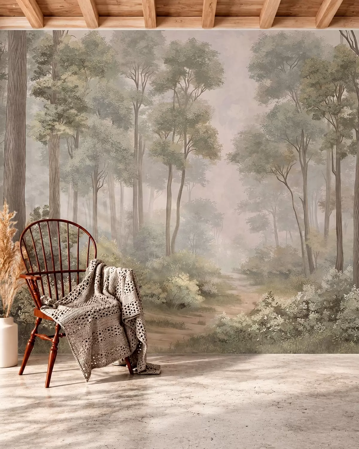 wall murals Misty forest with a path among trees and bushes w05889v2