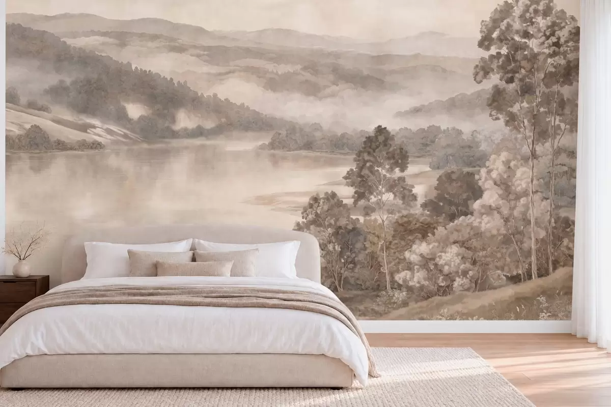 wall murals Calm lake among misty hills and forests w05928
