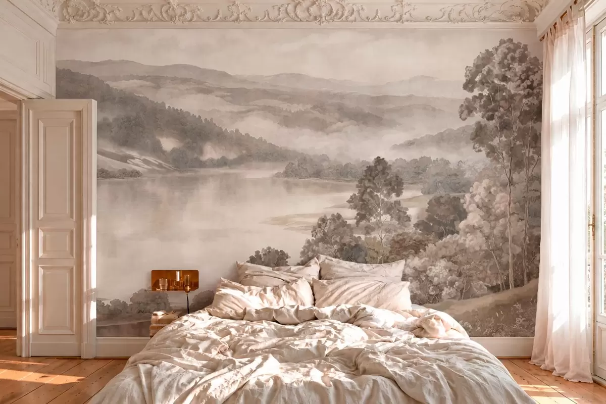 wall murals Calm lake among misty hills and forests w05928