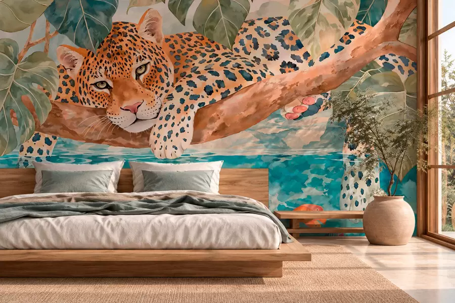 wall murals Leopard over Blue Water w05954