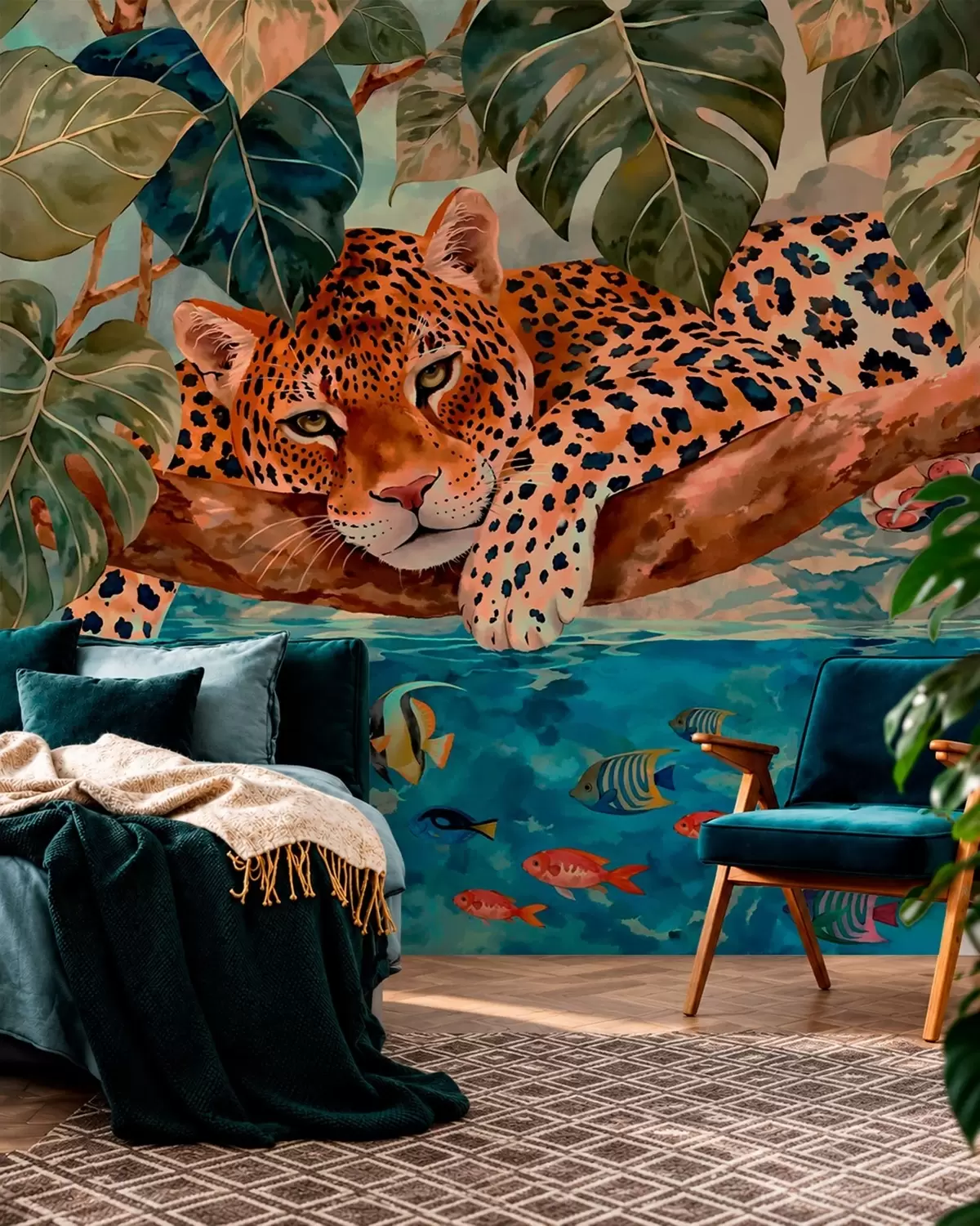wall murals Leopard among tropical leaves above water with fish w05954v1