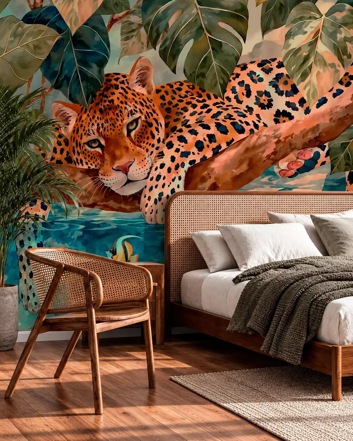 wall murals Leopard among tropical leaves above water with fish w05954v1