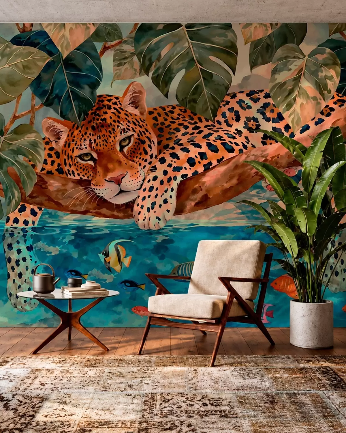 wall murals Leopard among tropical leaves above water with fish w05954v1
