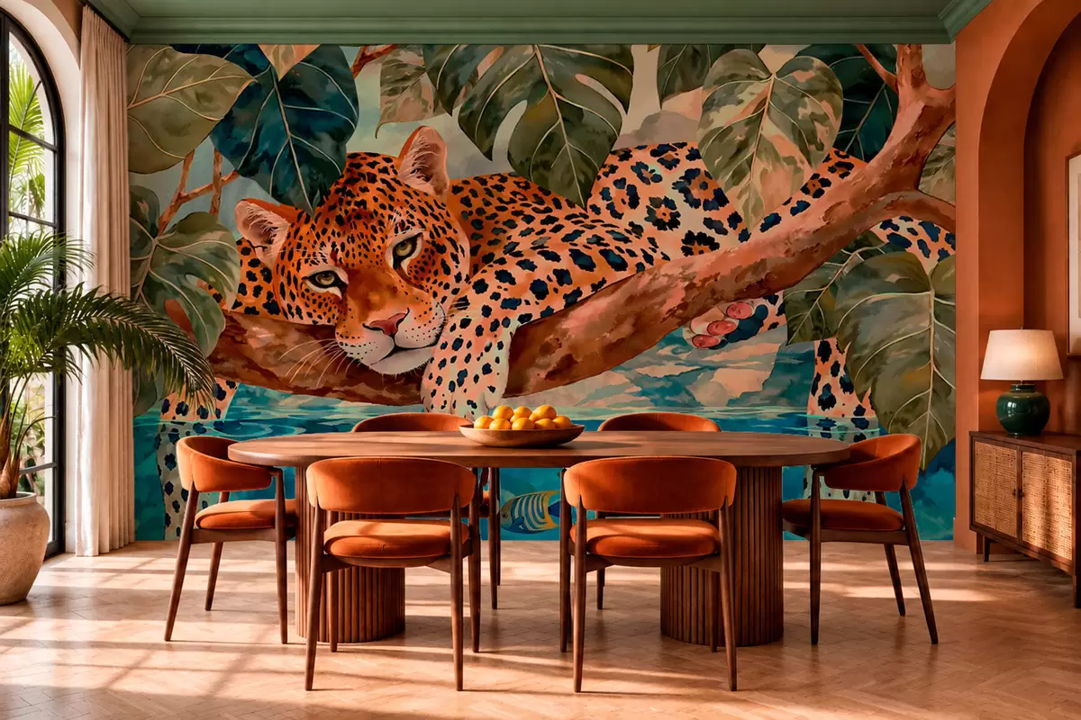 wall murals Leopard among tropical leaves above water with fish w05954v1