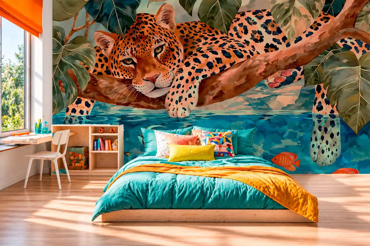 wall murals Leopard among tropical leaves above water with fish w05954v1