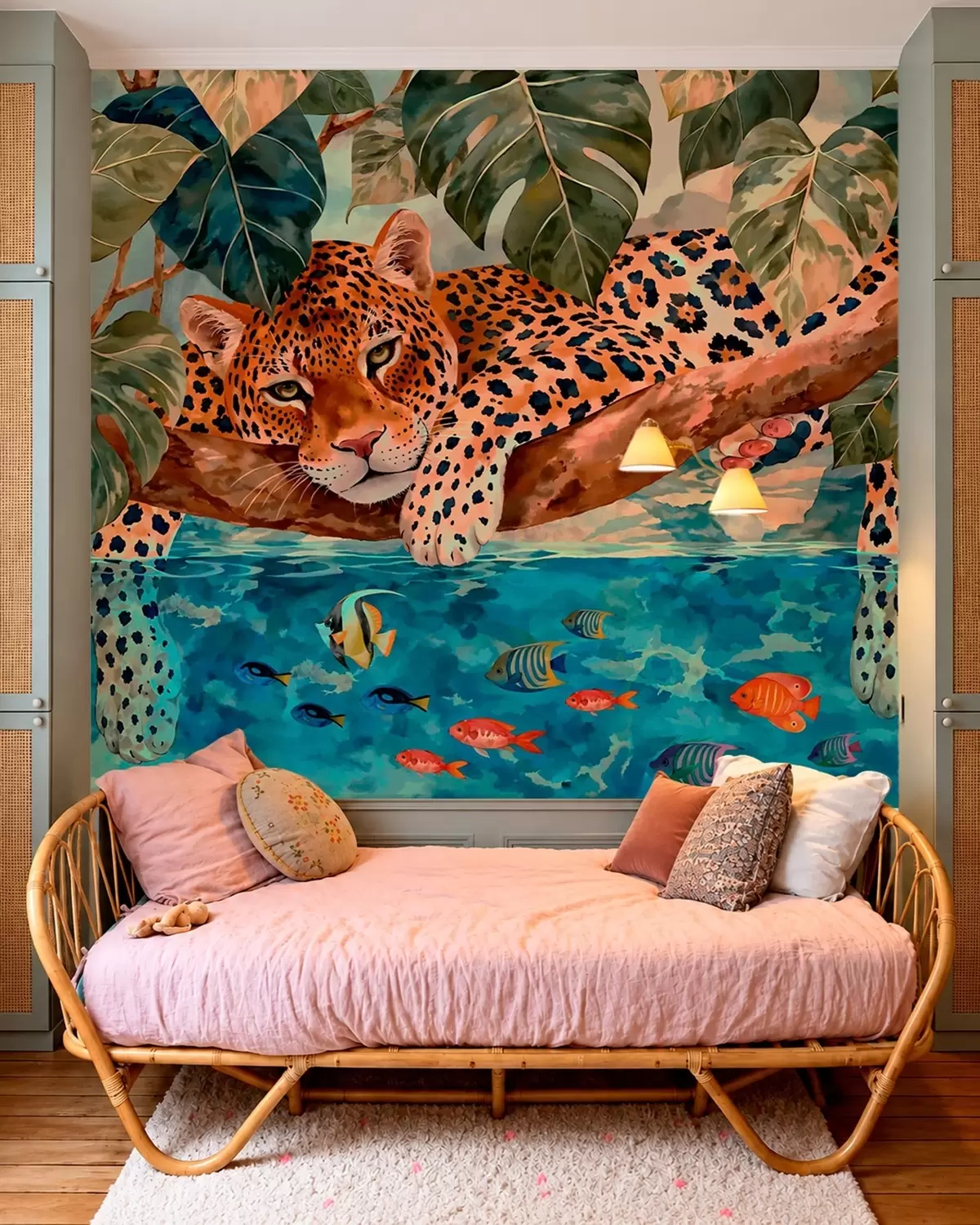 wall murals Leopard among tropical leaves above water with fish w05954v1