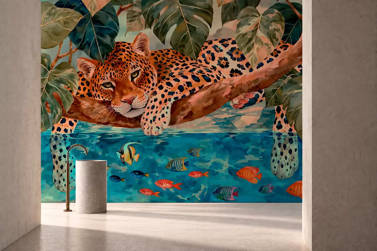 wall murals Leopard among tropical leaves above water with fish w05954v1
