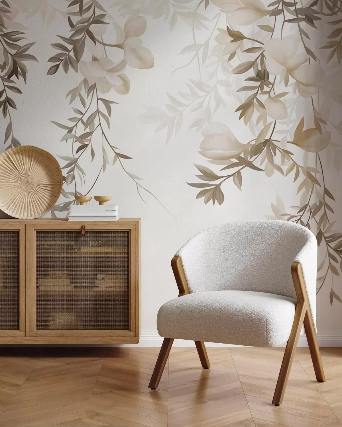 wall murals Hanging willow branches and soft blooming flowers in muted beige tones w10081