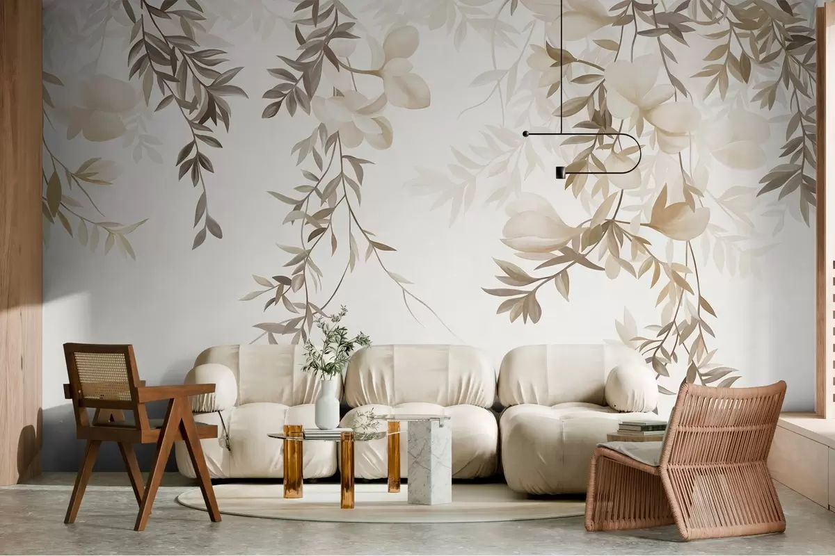 wall murals Hanging willow branches and soft blooming flowers in muted beige tones w10081