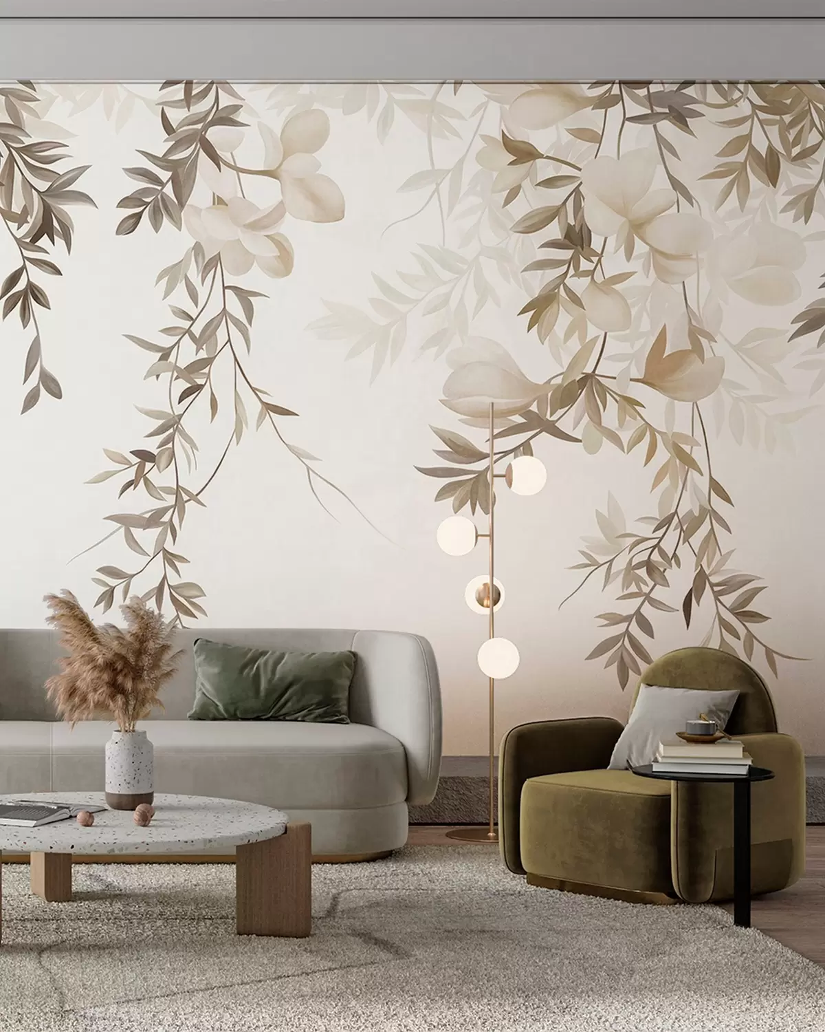 wall murals Hanging willow branches and soft blooming flowers in muted beige tones w10081