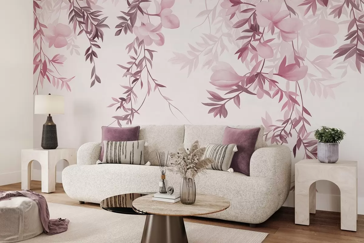 wall murals Hanging willow branches and soft blooming flowers in muted pink tones w10081v1