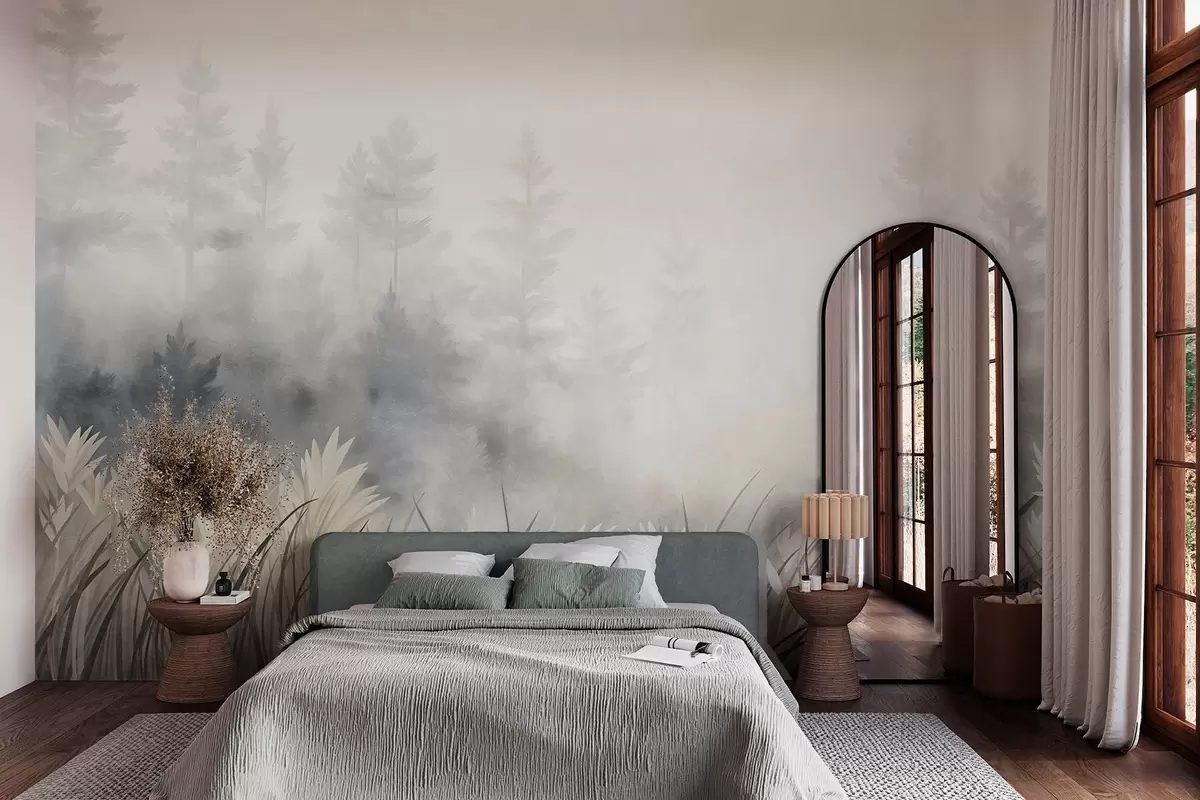 wall murals Landscape with tall wild grass and pine tree forest, minimalistic textured style w10082