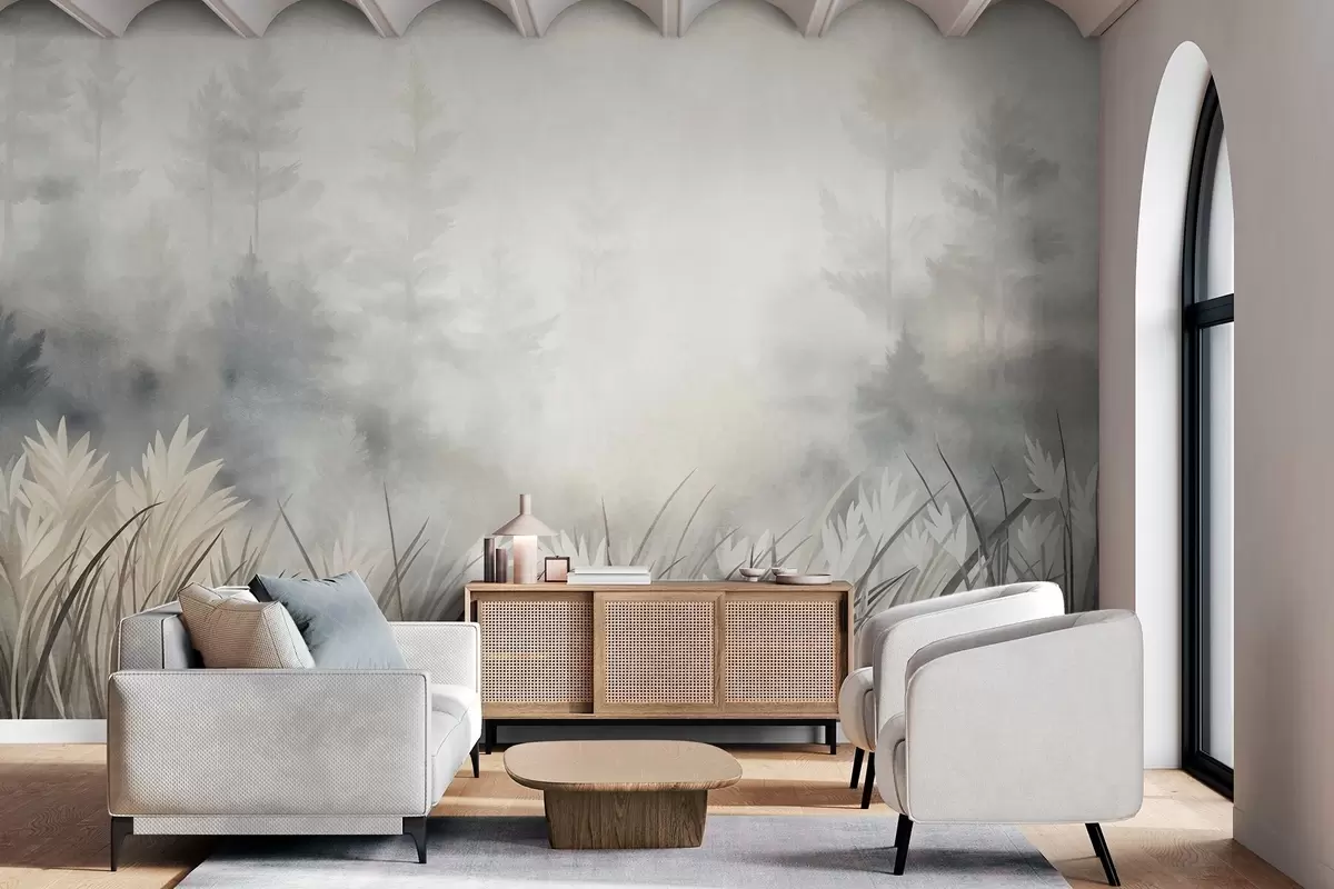 wall murals Landscape with tall wild grass and pine tree forest, minimalistic textured style w10082