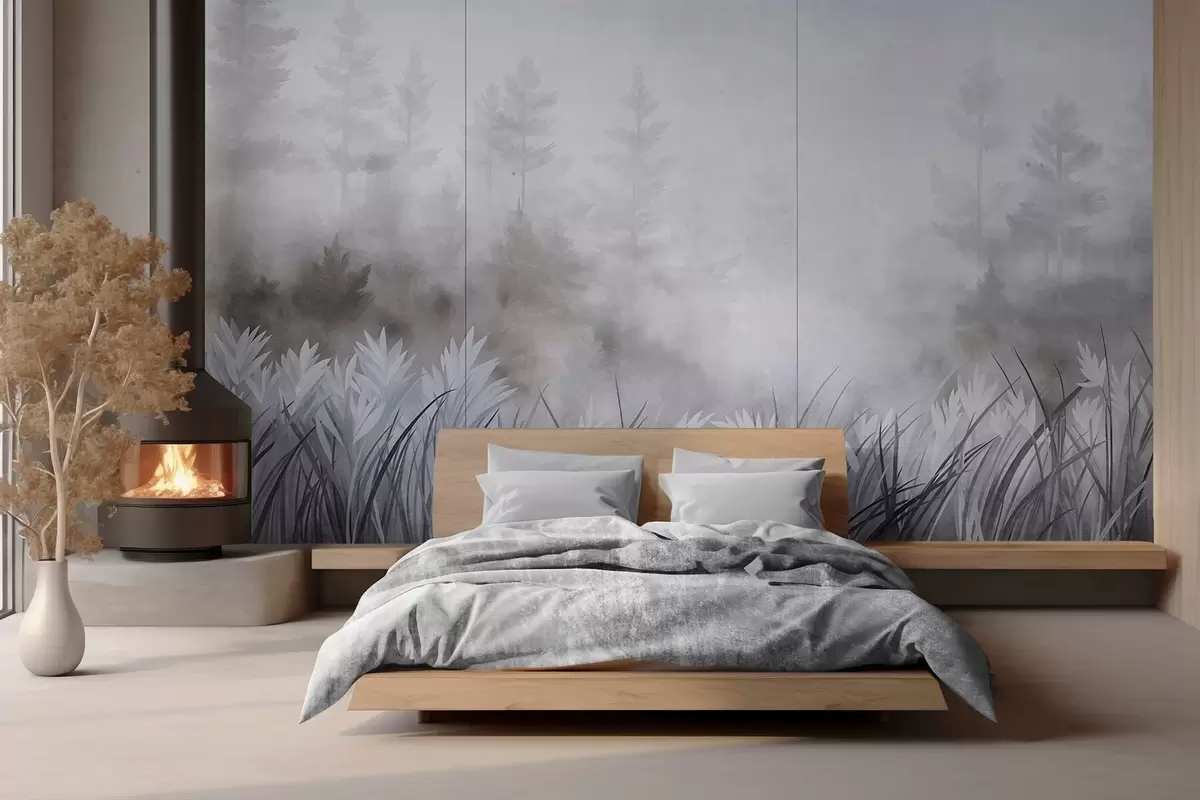 wall murals Landscape with tall wild grass and pine tree forest, minimalistic textured style w10082v1