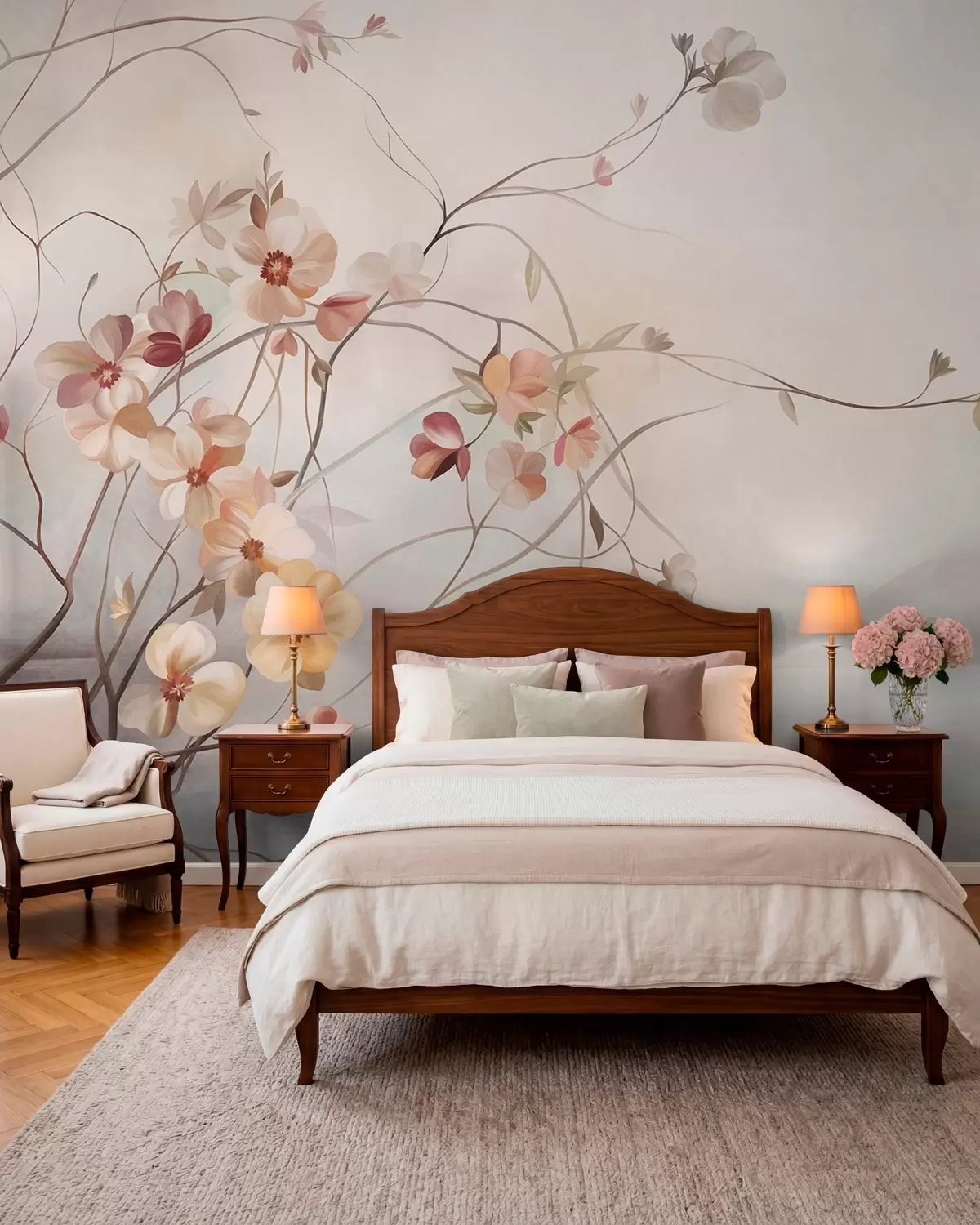 wall murals Winding vines with delicate peach and cream-colored blooming flowers w10083