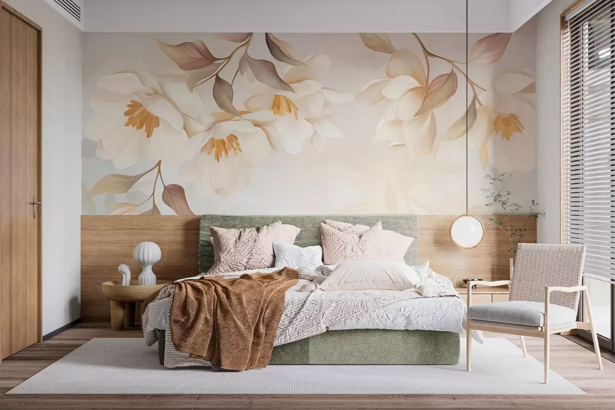 wall murals Magnolia blossoms with delicate brown leaves hanging from the branches w10086