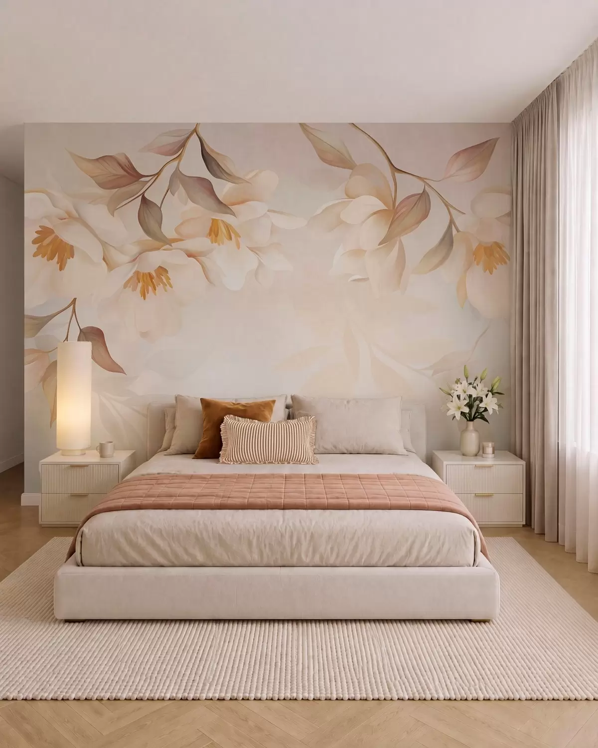 wall murals Magnolia blossoms with delicate brown leaves hanging from the branches w10086