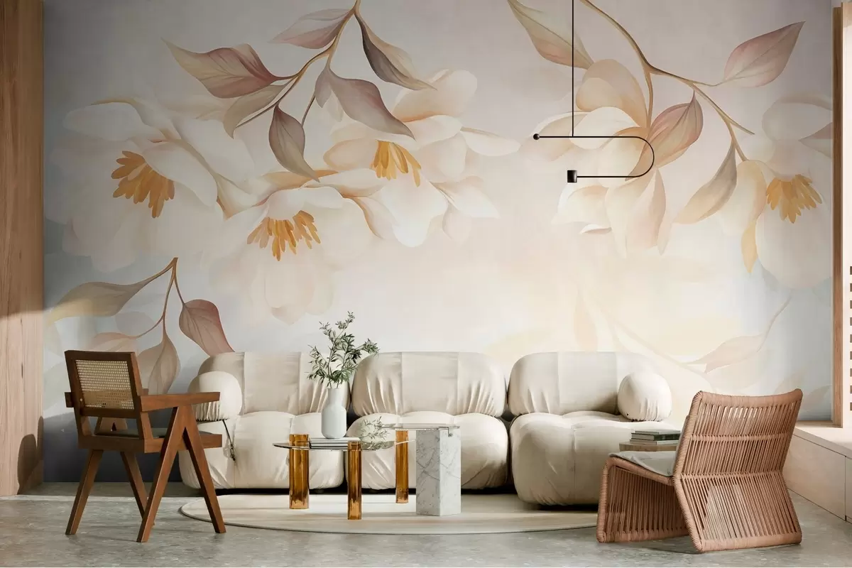 wall murals Magnolia blossoms with delicate brown leaves hanging from the branches w10086