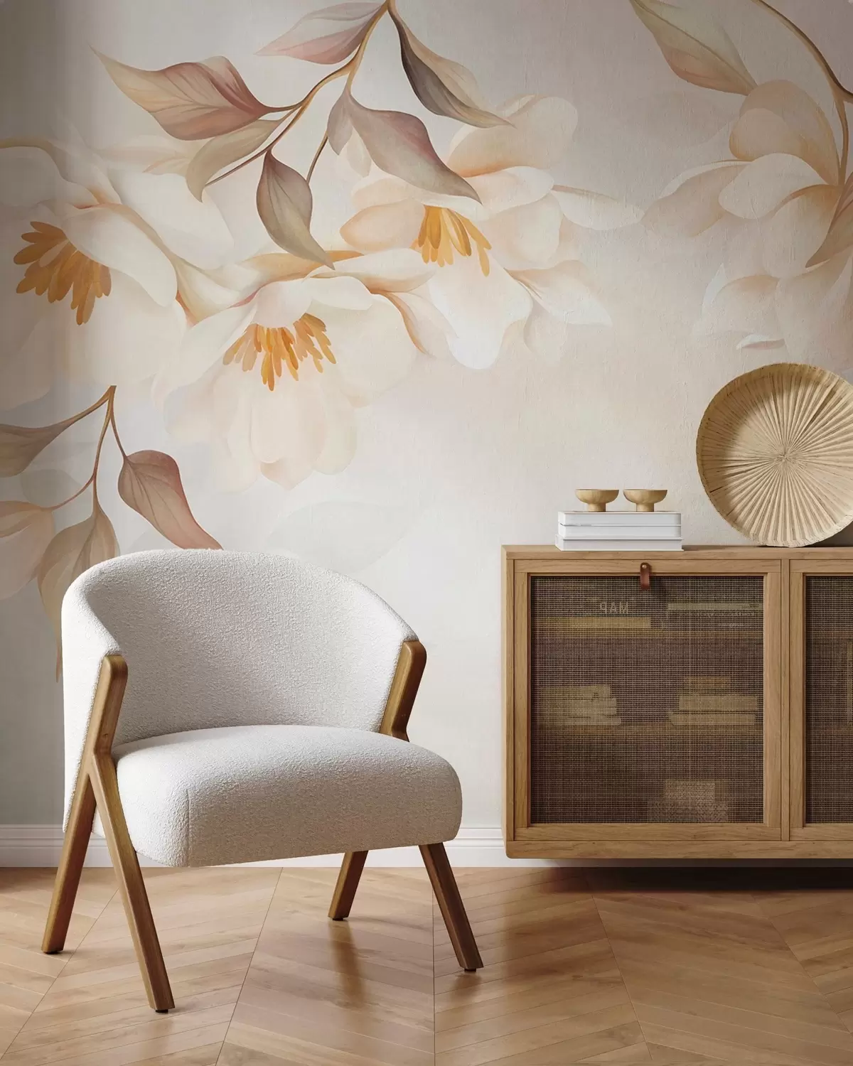 wall murals Magnolia blossoms with delicate brown leaves hanging from the branches w10086