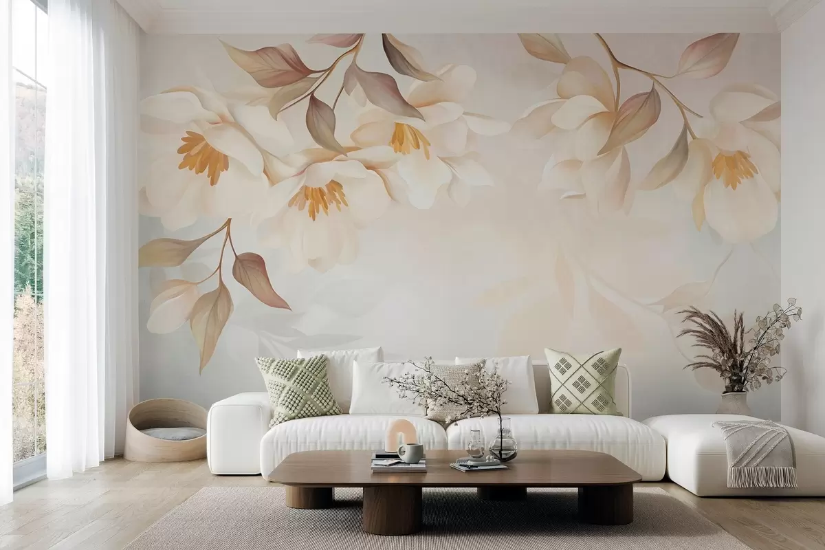 wall murals Magnolia blossoms with delicate brown leaves hanging from the branches w10086