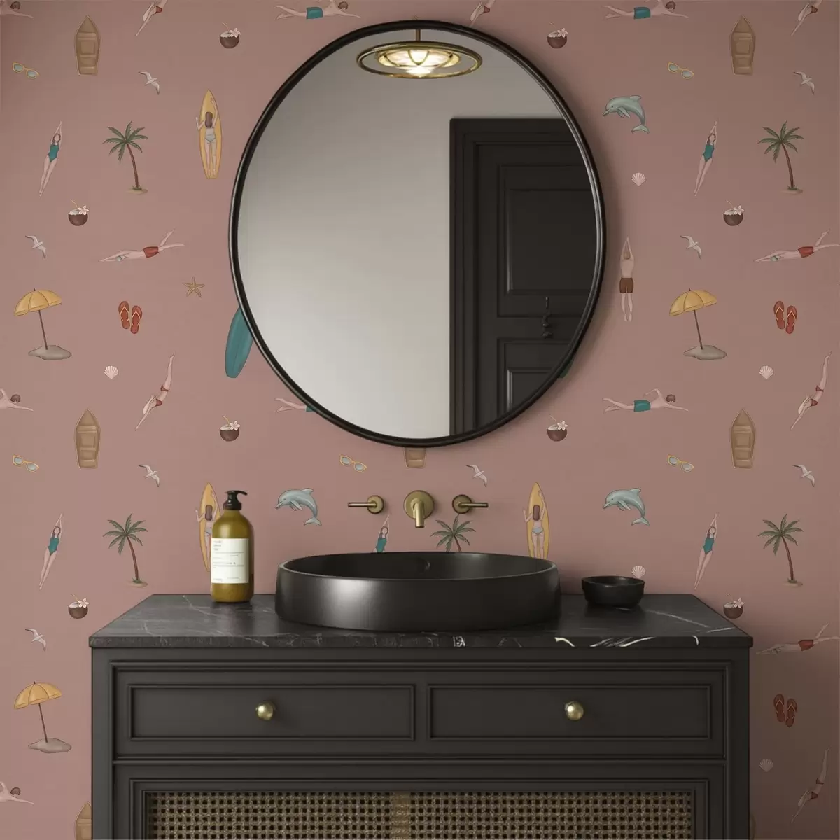 Wallpaper Swimmers, dolphin and tropical motifs on a pink background a01275v1