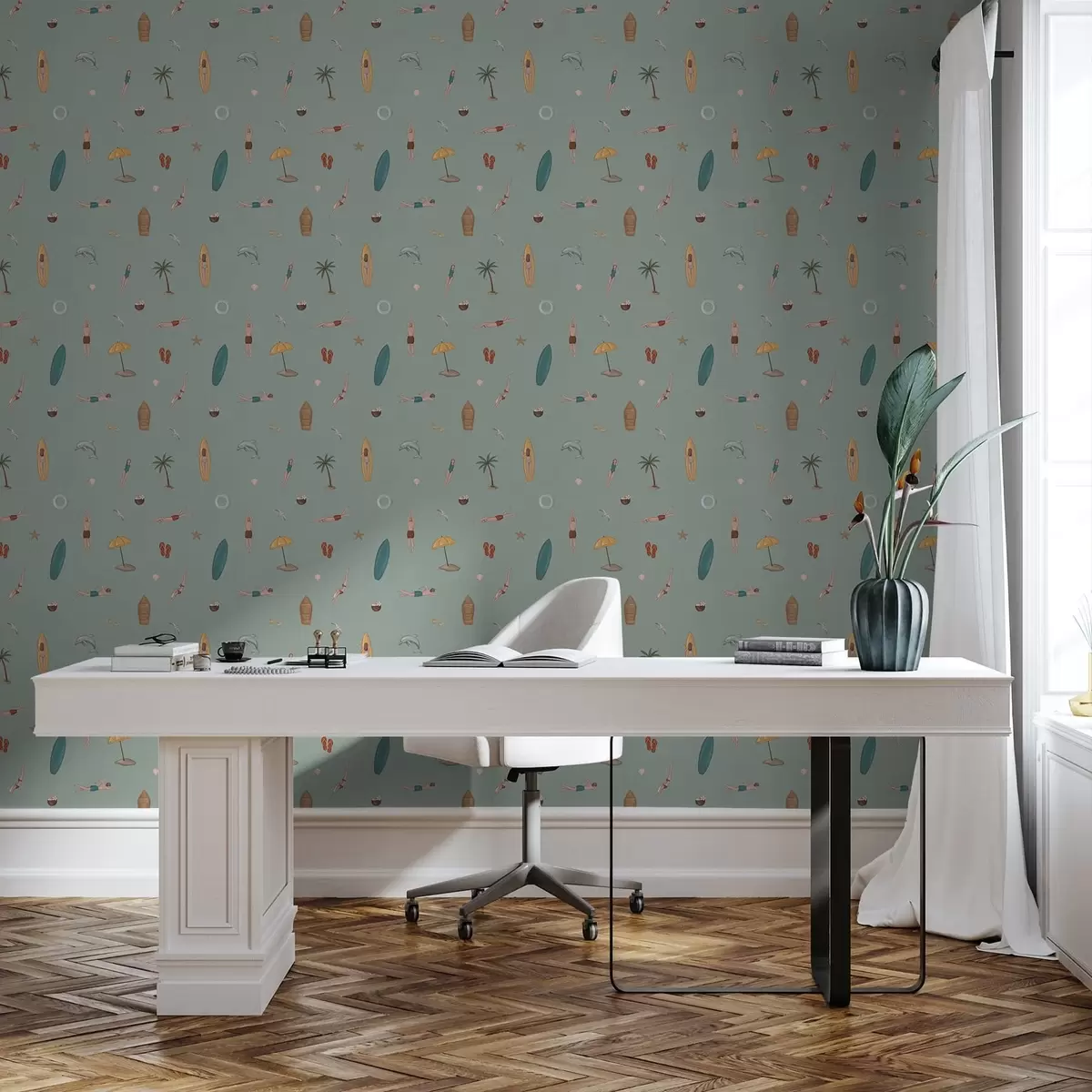 Wallpaper Swimmers, dolphin and beach accessories on a green background a01275v2