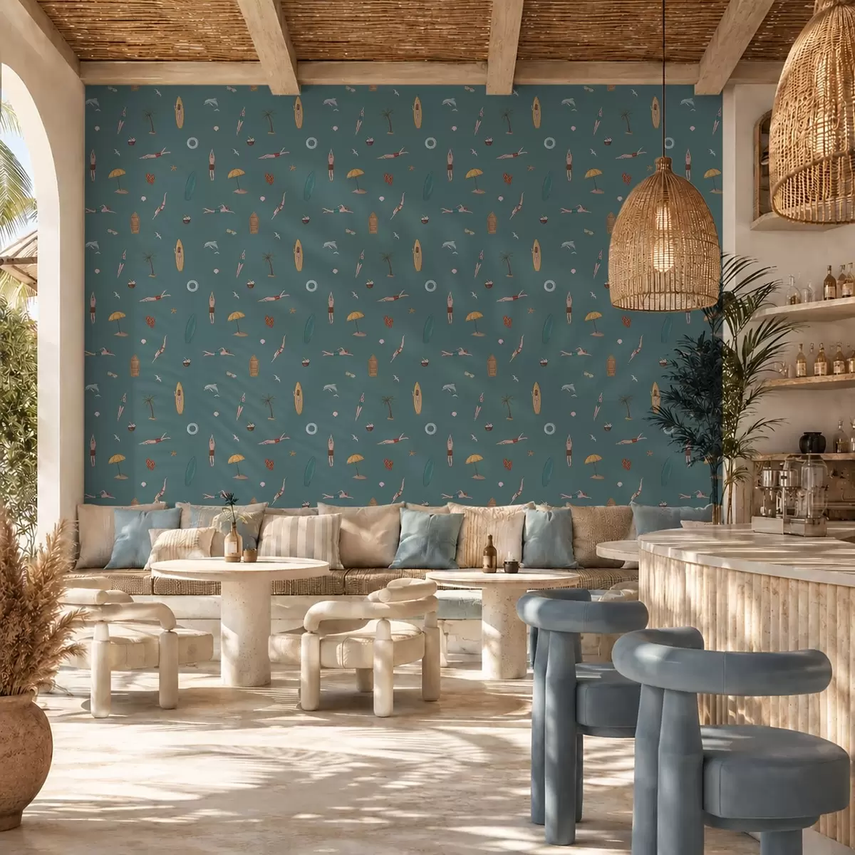Wallpaper Swimmers, dolphin and tropical motifs on a dark teal background a01275v3
