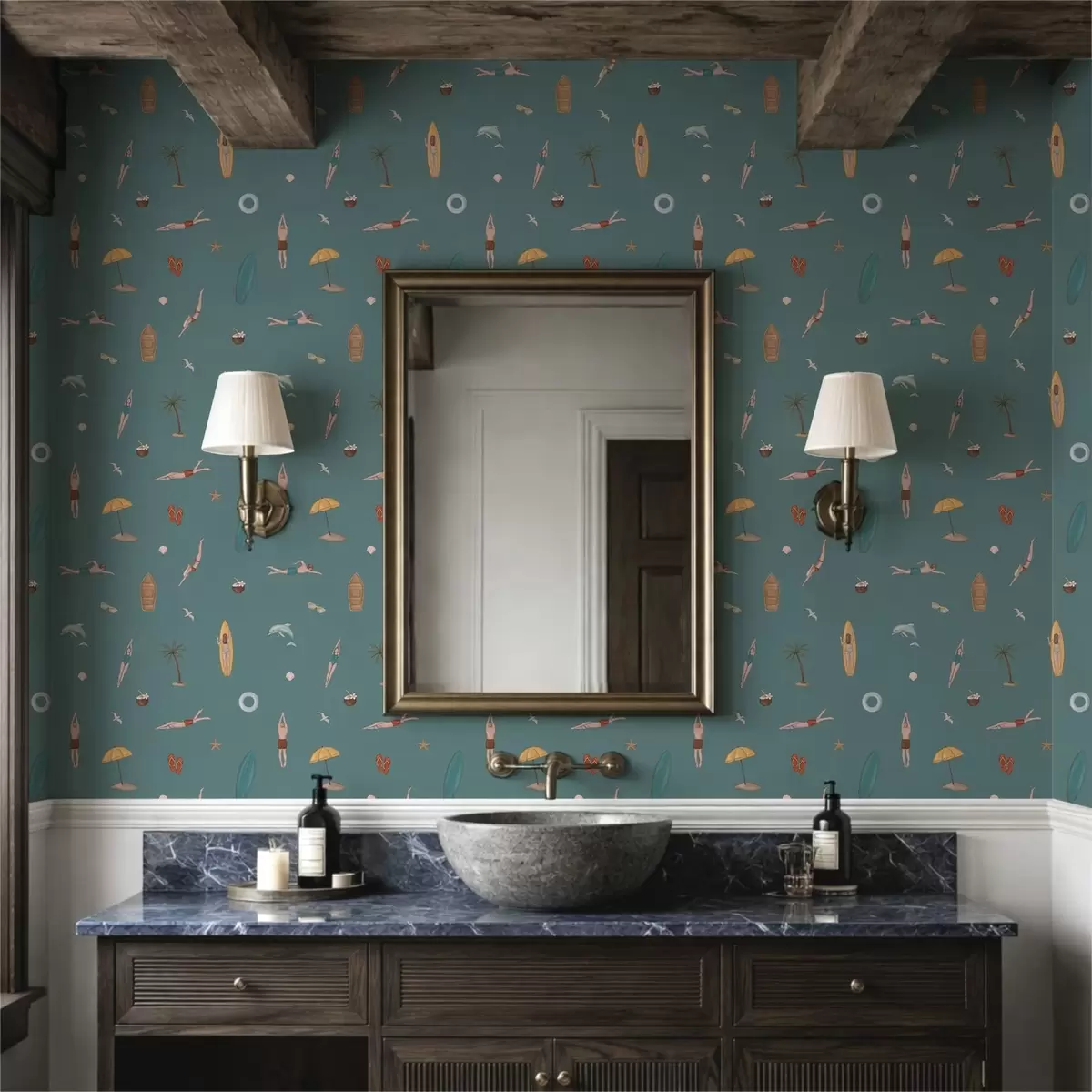 Wallpaper Swimmers, dolphin and tropical motifs on a dark teal background a01275v3