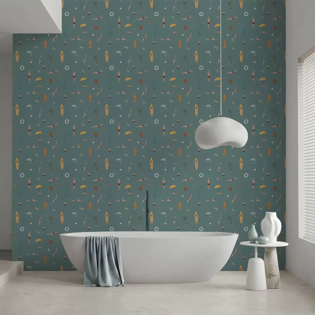 Wallpaper Swimmers, dolphin and tropical motifs on a dark teal background a01275v3