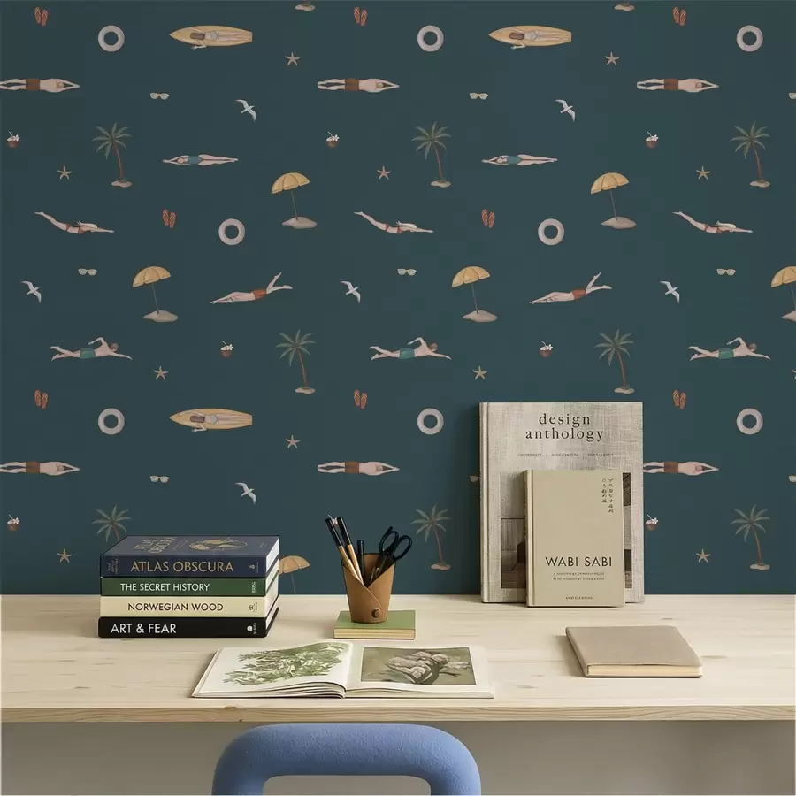 wall murals Swimmers, palm trees and beach accessories on a dark blue background a01276