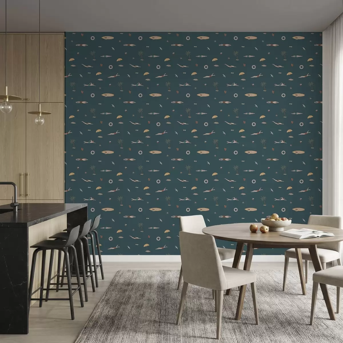 Wallpaper Swimmers, palm trees and beach accessories on a dark blue background a01276