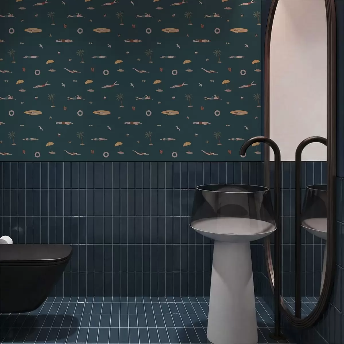 Wallpaper Swimmers, palm trees and beach accessories on a dark blue background a01276