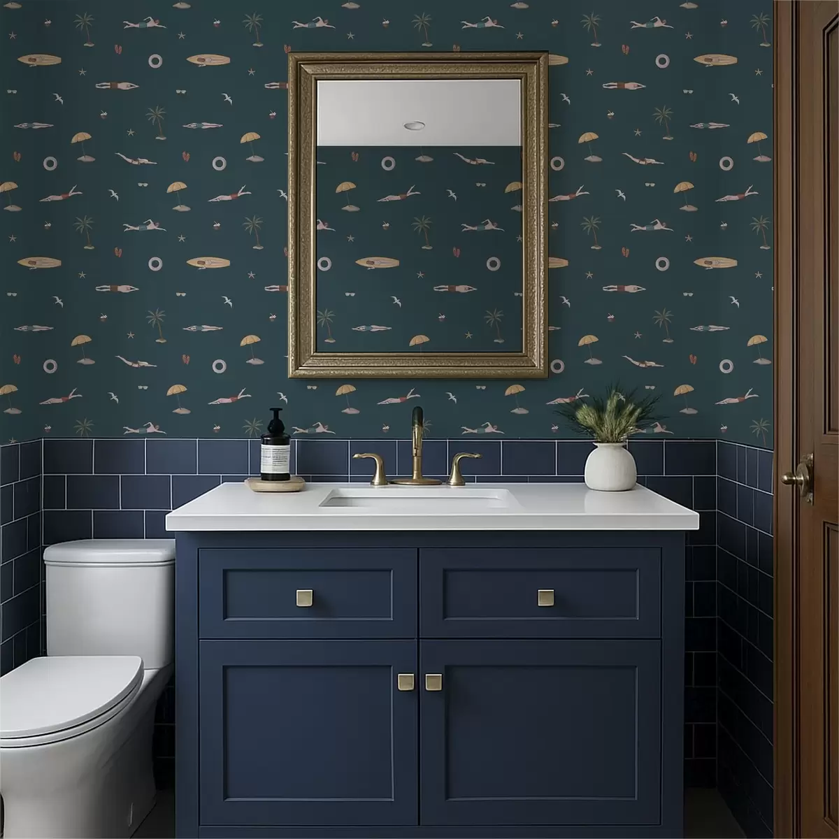 Wallpaper Swimmers, palm trees and beach accessories on a dark blue background a01276