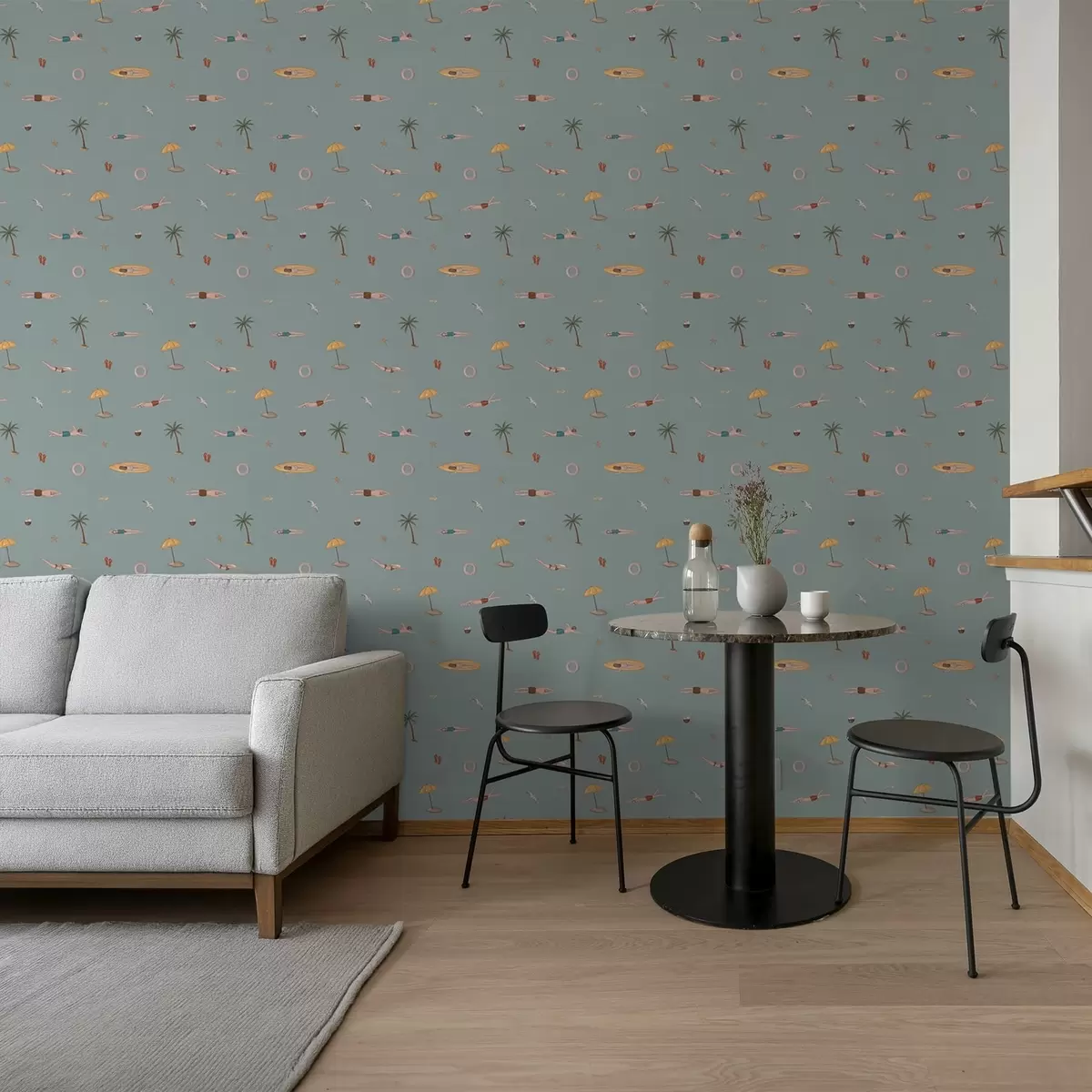 Wallpaper Swimmers, palm trees and beach accessories on a sage green background a01276v1