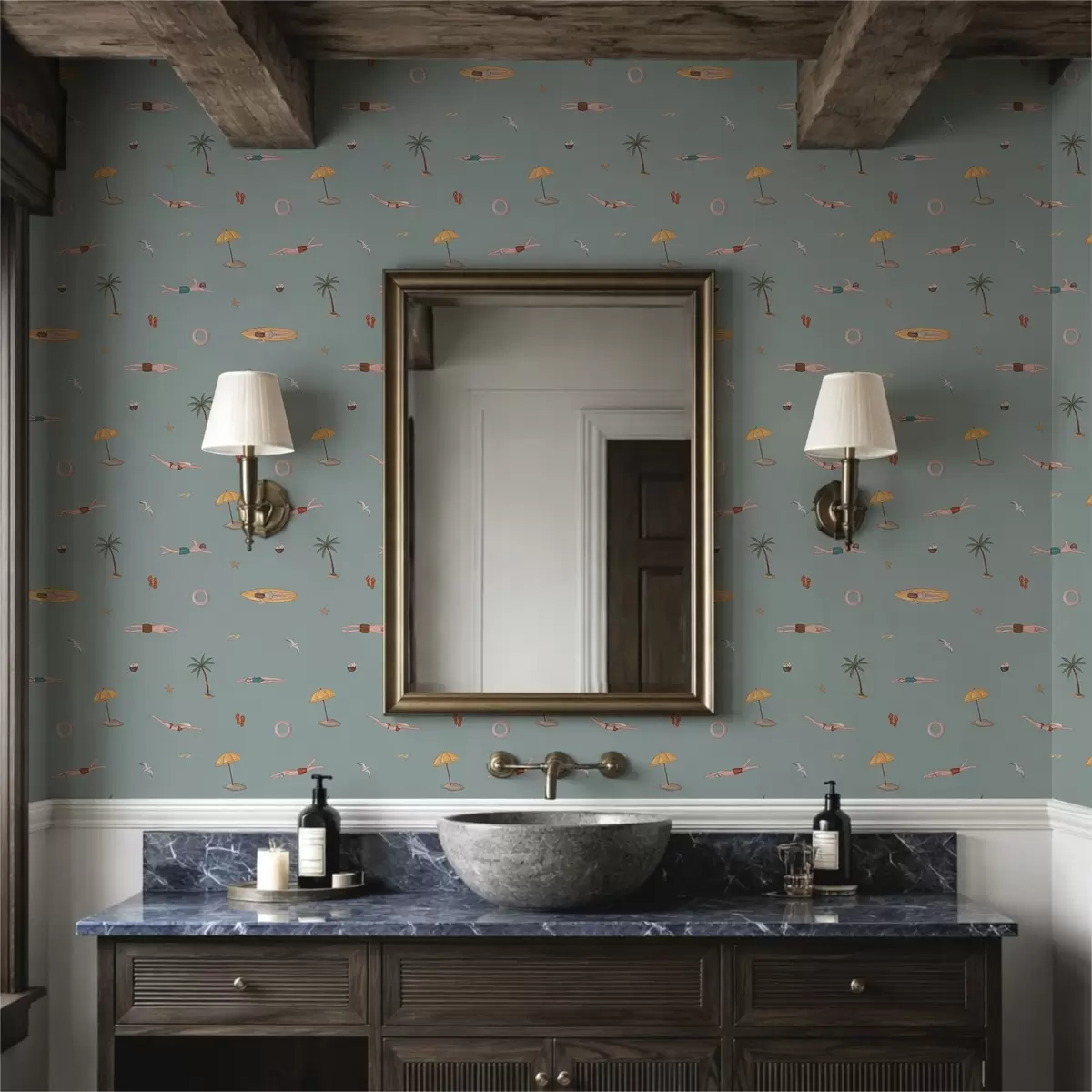 Wallpaper Swimmers, palm trees and beach accessories on a sage green background a01276v1