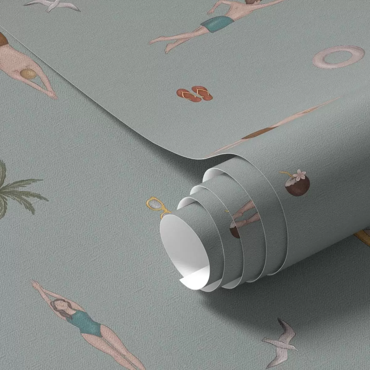 Wallpaper Swimmers, palm trees and beach accessories on a sage green background a01276v1