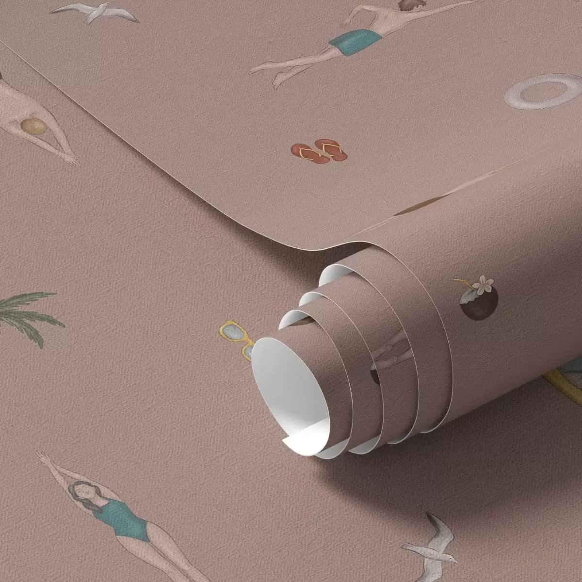 Wallpaper Swimmers, palm trees and beach accessories on a pink background a01276v2