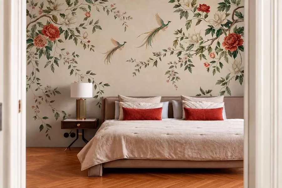 wall murals Flowering branches and birds of paradise on a cream background w05955