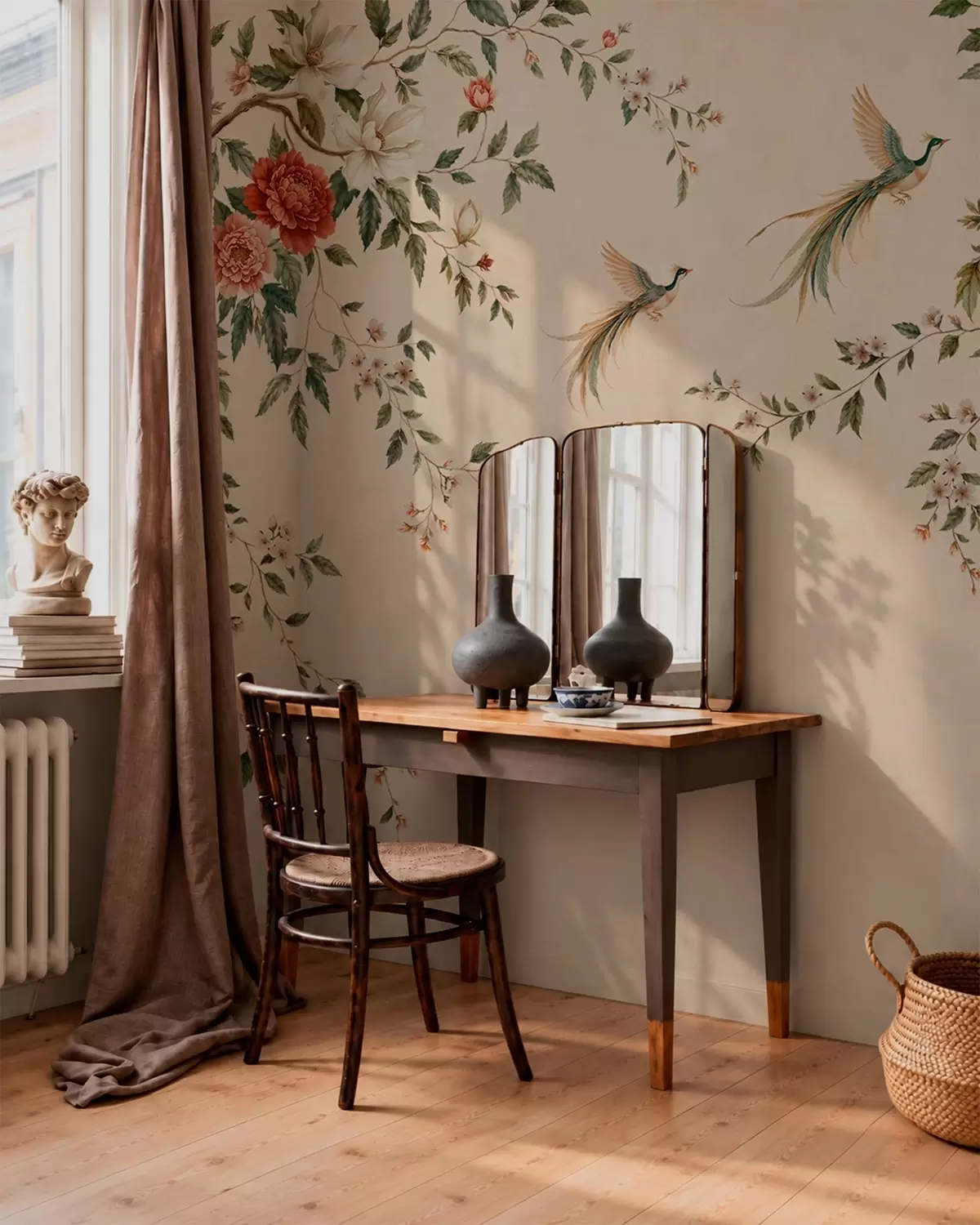 wall murals Flowering branches and birds of paradise on a cream background w05955