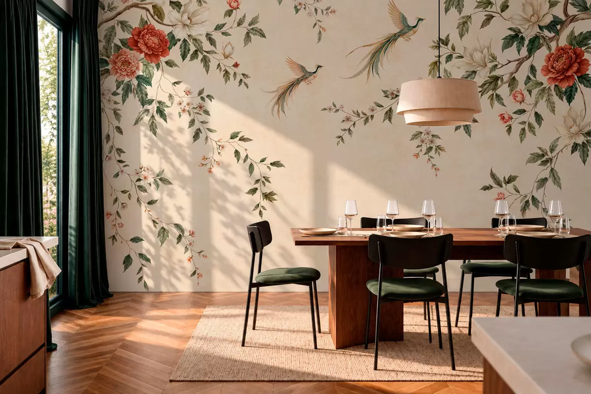 wall murals Flowering branches and birds of paradise on a cream background w05955
