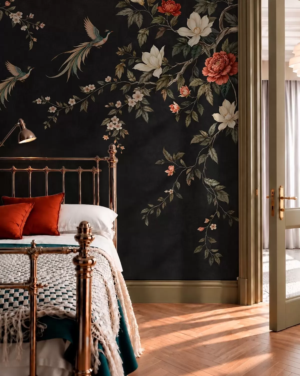 wall murals Flowering branches and exotic birds on a dark background w05955v1