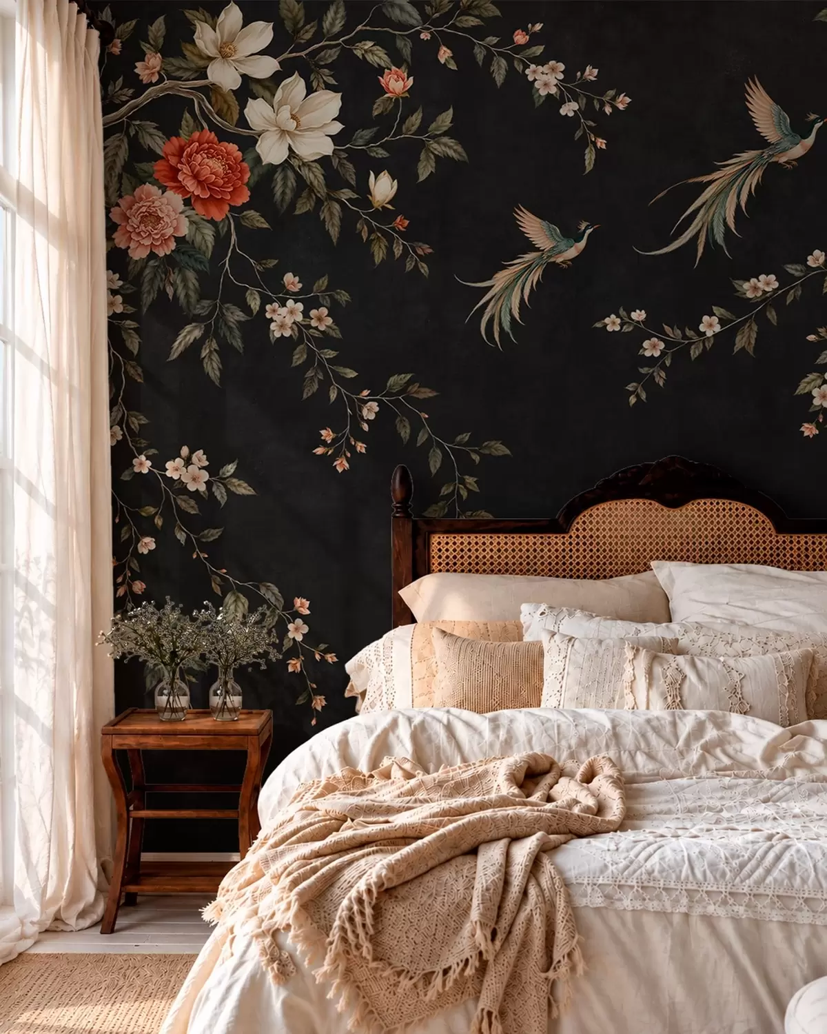 wall murals Flowering branches and exotic birds on a dark background w05955v1