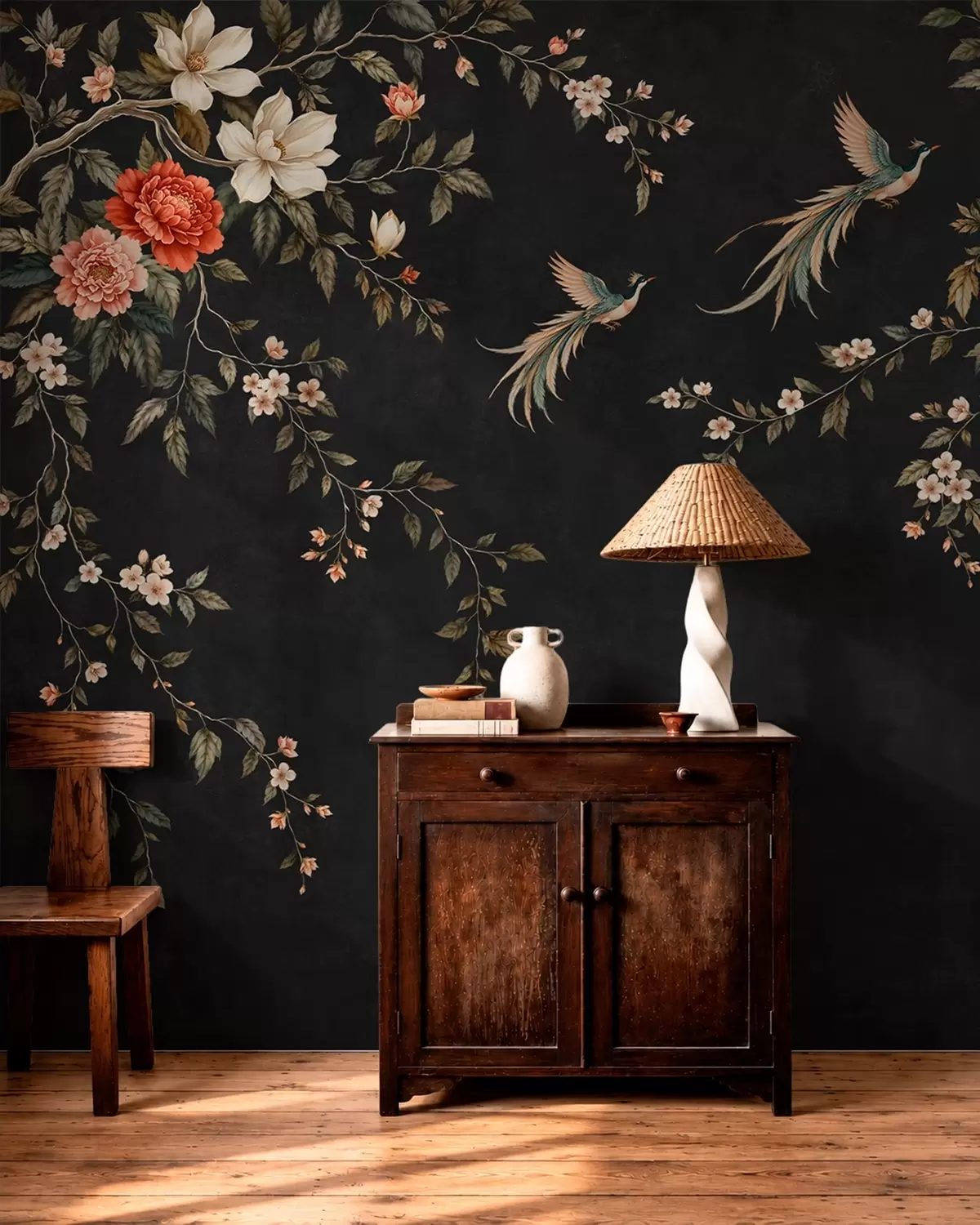 wall murals Flowering branches and exotic birds on a dark background w05955v1