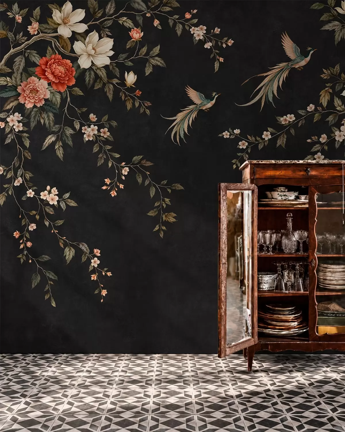 wall murals Flowering branches and exotic birds on a dark background w05955v1