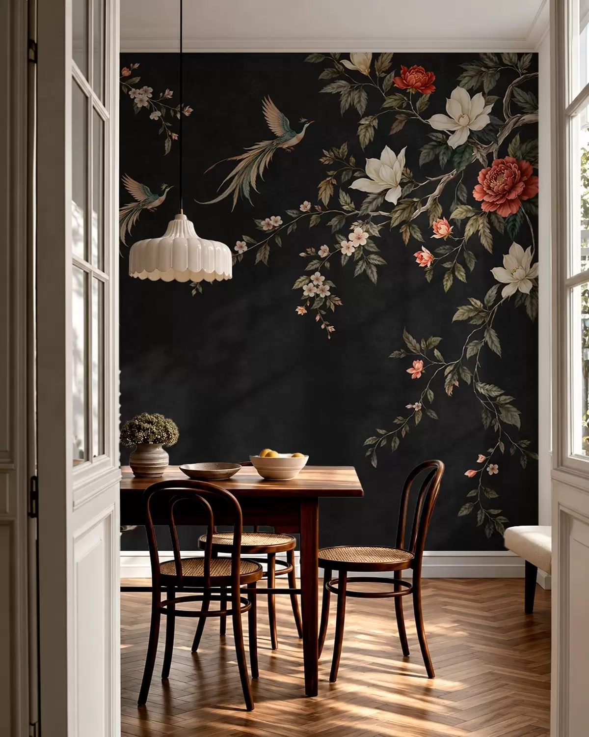 wall murals Flowering branches and exotic birds on a dark background w05955v1